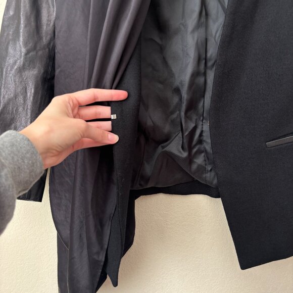 Leather Accented Satin Draped Mixed Media Modern Jacket - Picture 8 of 11